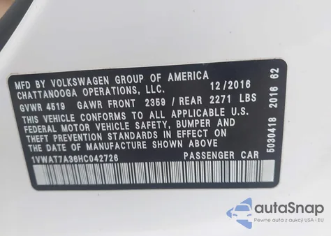 2017 Volkswagen Passat 1.8T S z USA, uszkodzony, nr VIN 1VWAT7A36HC042726